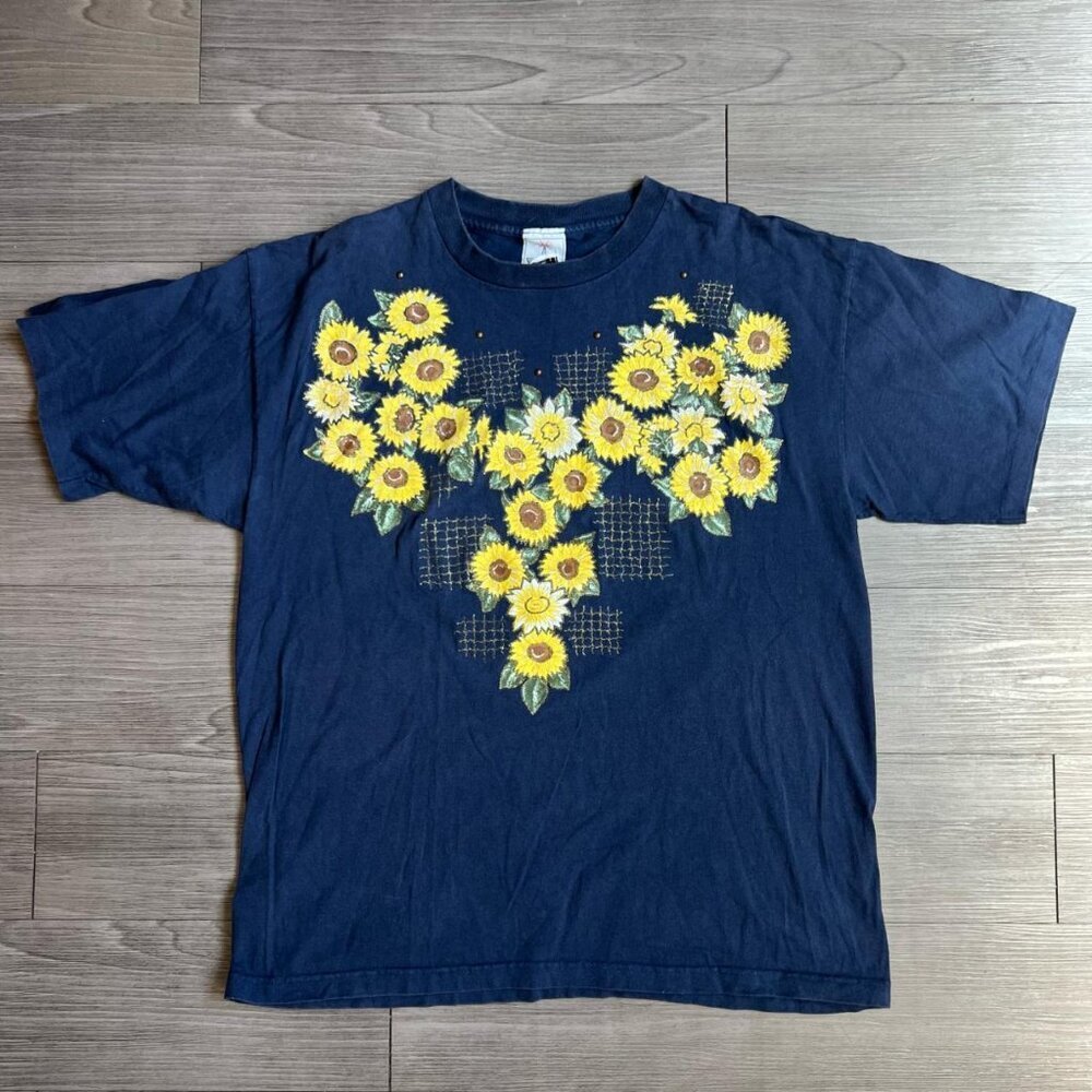 Vintage Sunflower Glitter Grid Navy Graphic Print T-Shirt KWBL Los Angeles Sz L